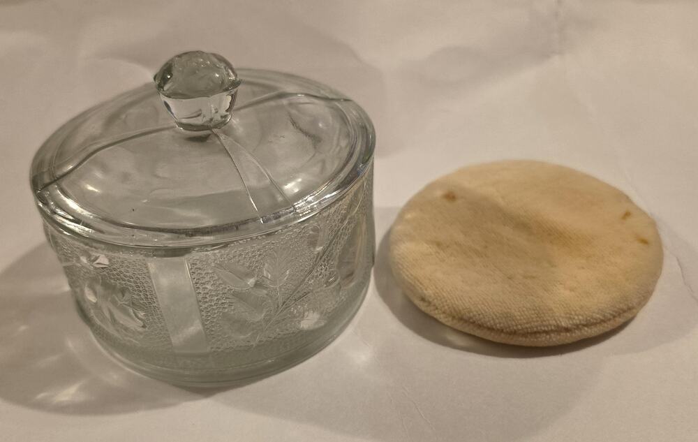 Vintage Clear Pressed Glass Powder Dresser Jar with Lid & Puff